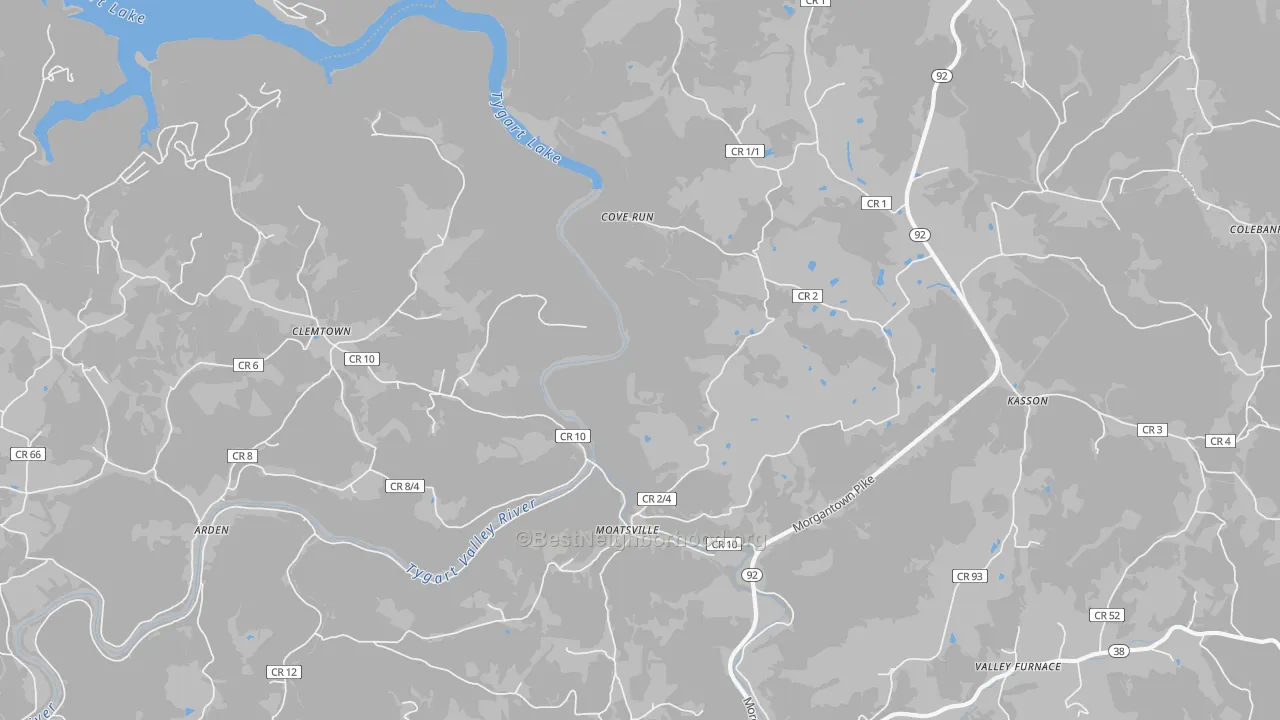 Walk Grade map of Moatsville, WV, walkable areas in green and car-dependent areas in red