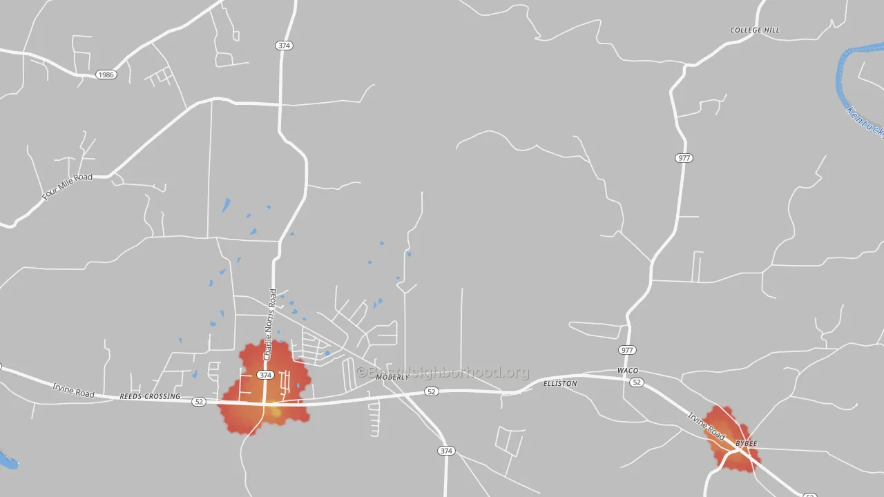 Walk Grade map of Moberly, KY, walkable areas in green and car-dependent areas in red