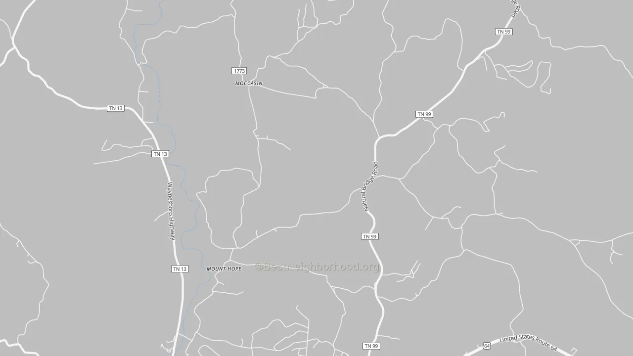 Walk Grade map of Moccasin, TN, walkable areas in green and car-dependent areas in red