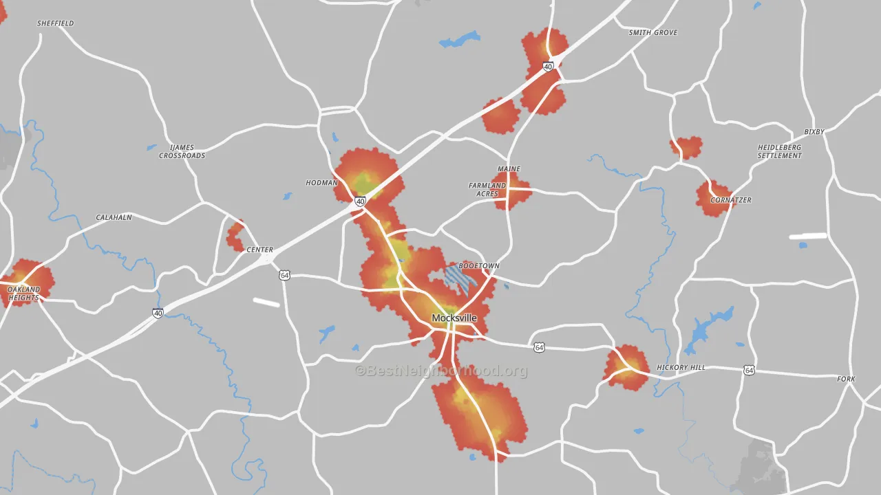 Walk Grade map of Mocksville, NC, walkable areas in green and car-dependent areas in red