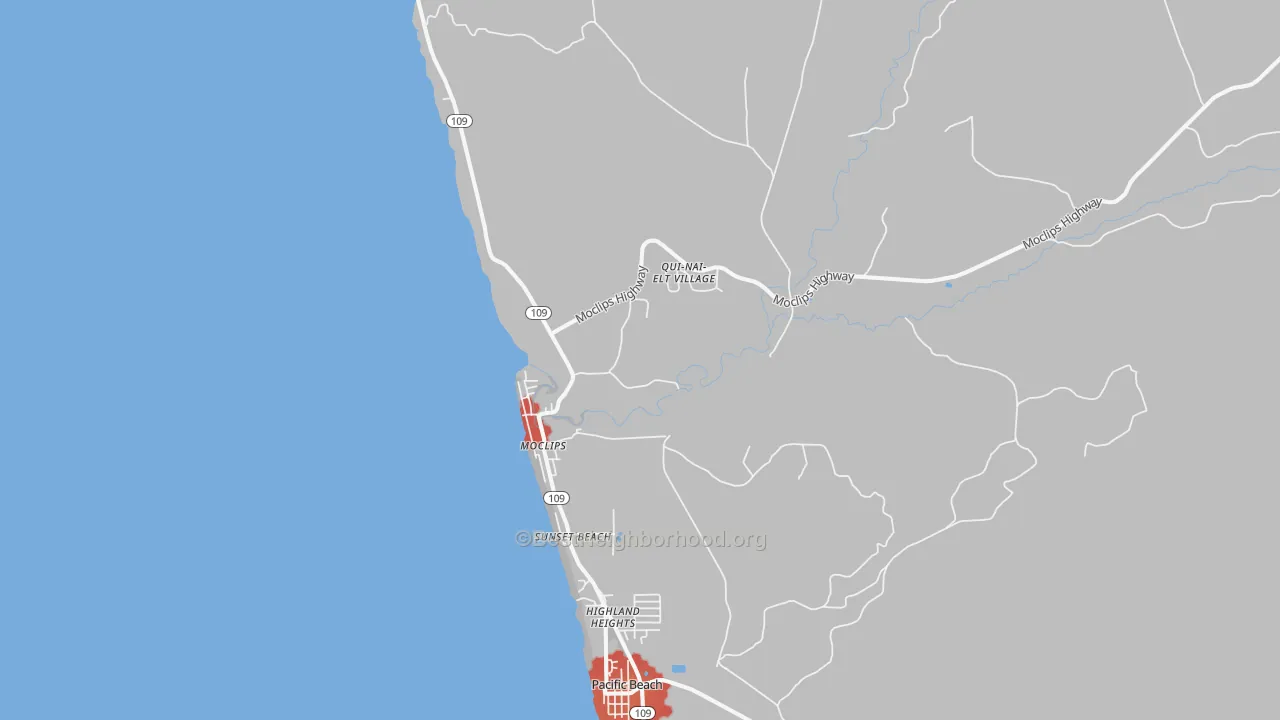 Walk Grade map of Moclips, WA, walkable areas in green and car-dependent areas in red