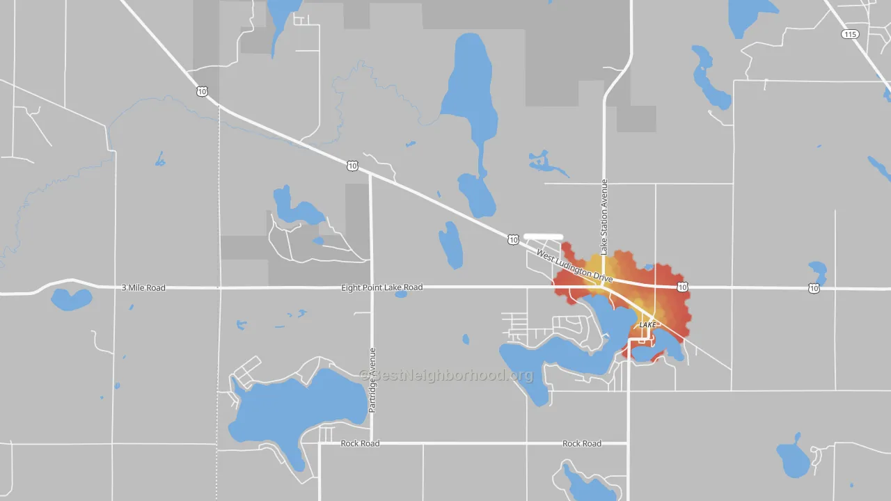 Walk Grade map of Moddersville, MI, walkable areas in green and car-dependent areas in red