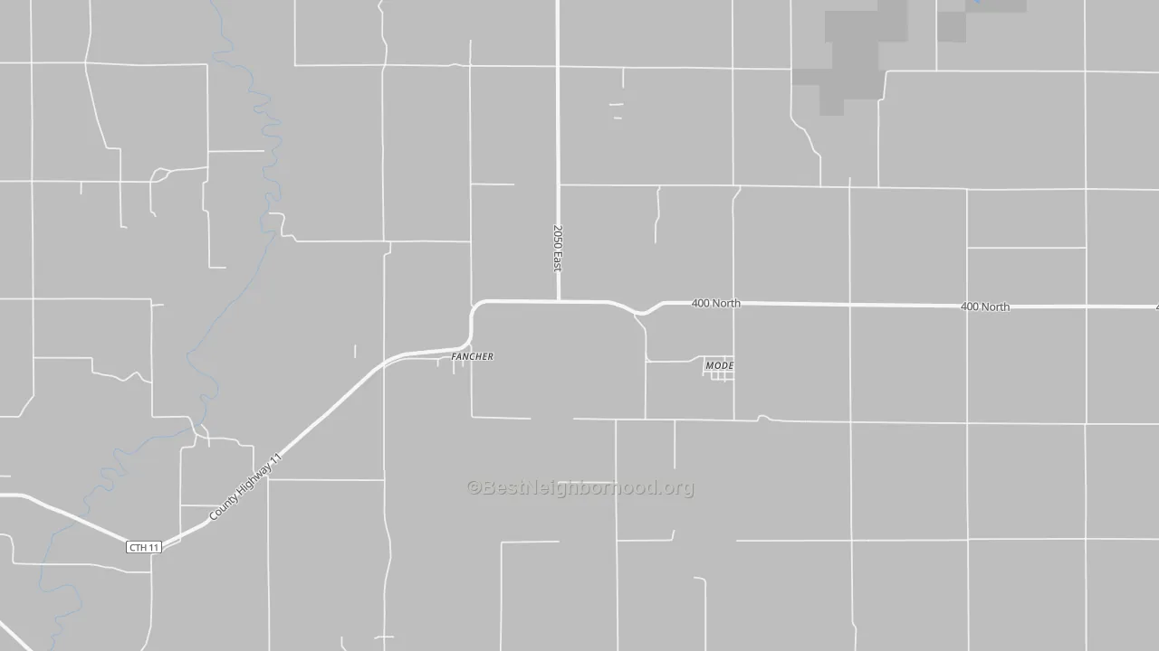 Walk Grade map of Mode, IL, walkable areas in green and car-dependent areas in red