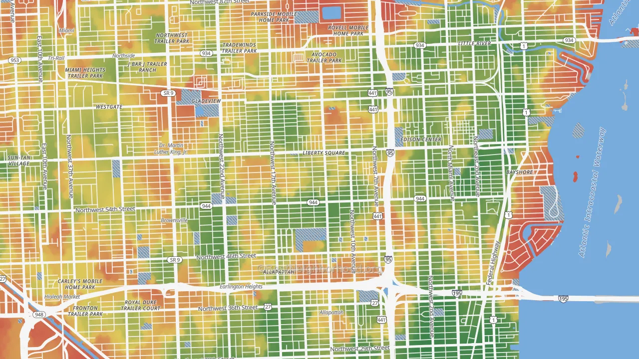 Walk Grade map of Model City, Miami, FL, walkable areas in green and car-dependent areas in red