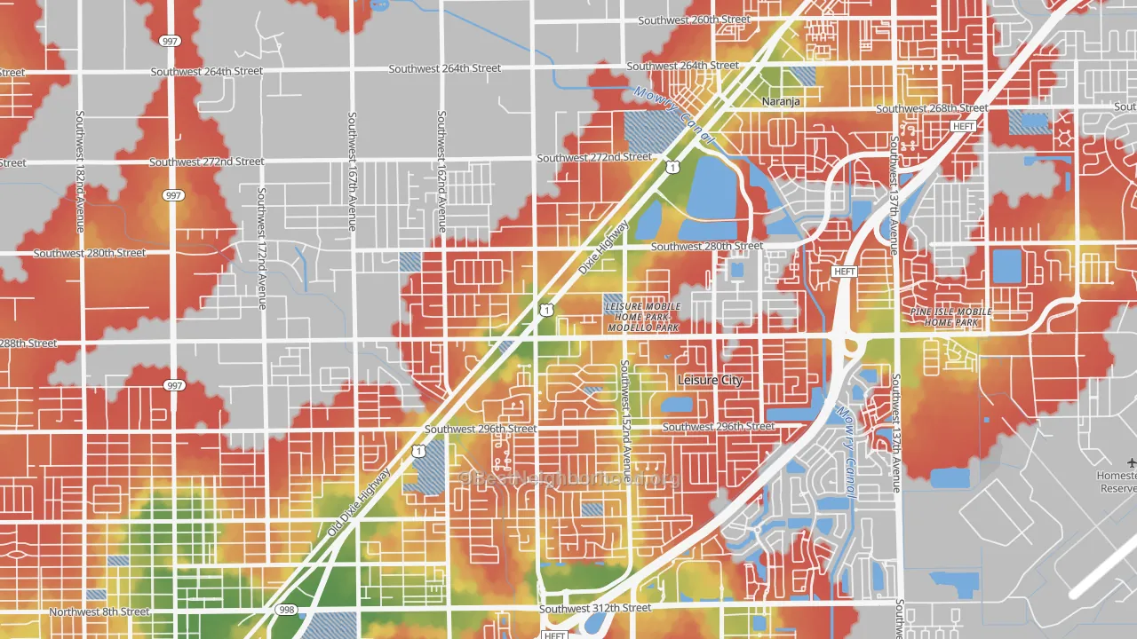 Walk Grade map of Modello, Leisure City, FL, walkable areas in green and car-dependent areas in red