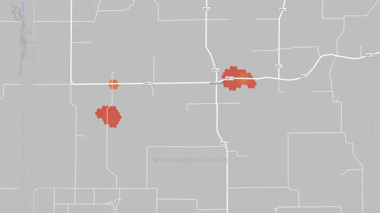 Walk Grade map of Modena, MO, walkable areas in green and car-dependent areas in red