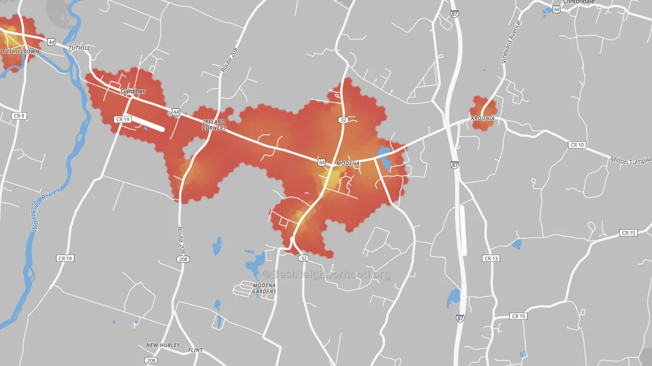 Walk Grade map of Modena, NY, walkable areas in green and car-dependent areas in red