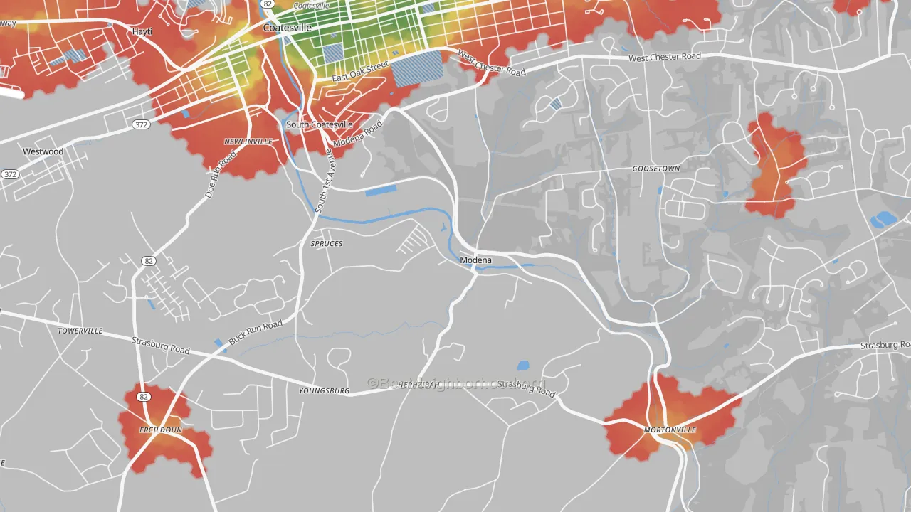 Walk Grade map of Modena, PA, walkable areas in green and car-dependent areas in red