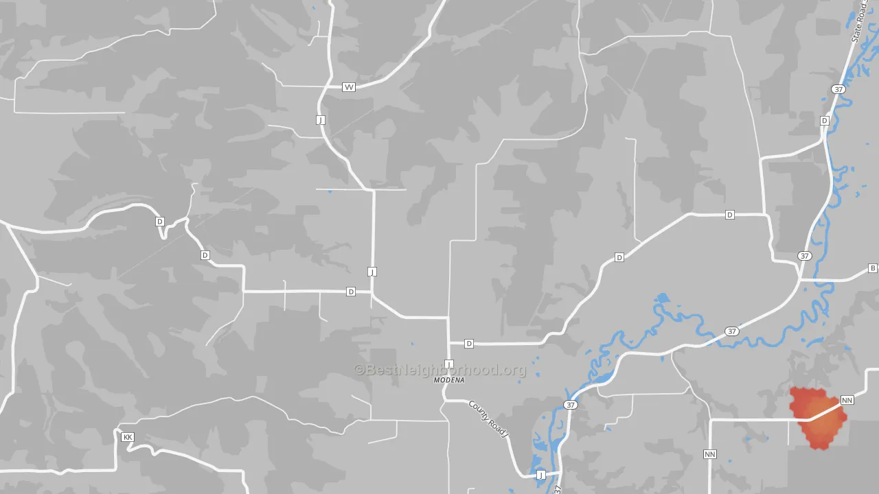 Walk Grade map of Modena, WI, walkable areas in green and car-dependent areas in red