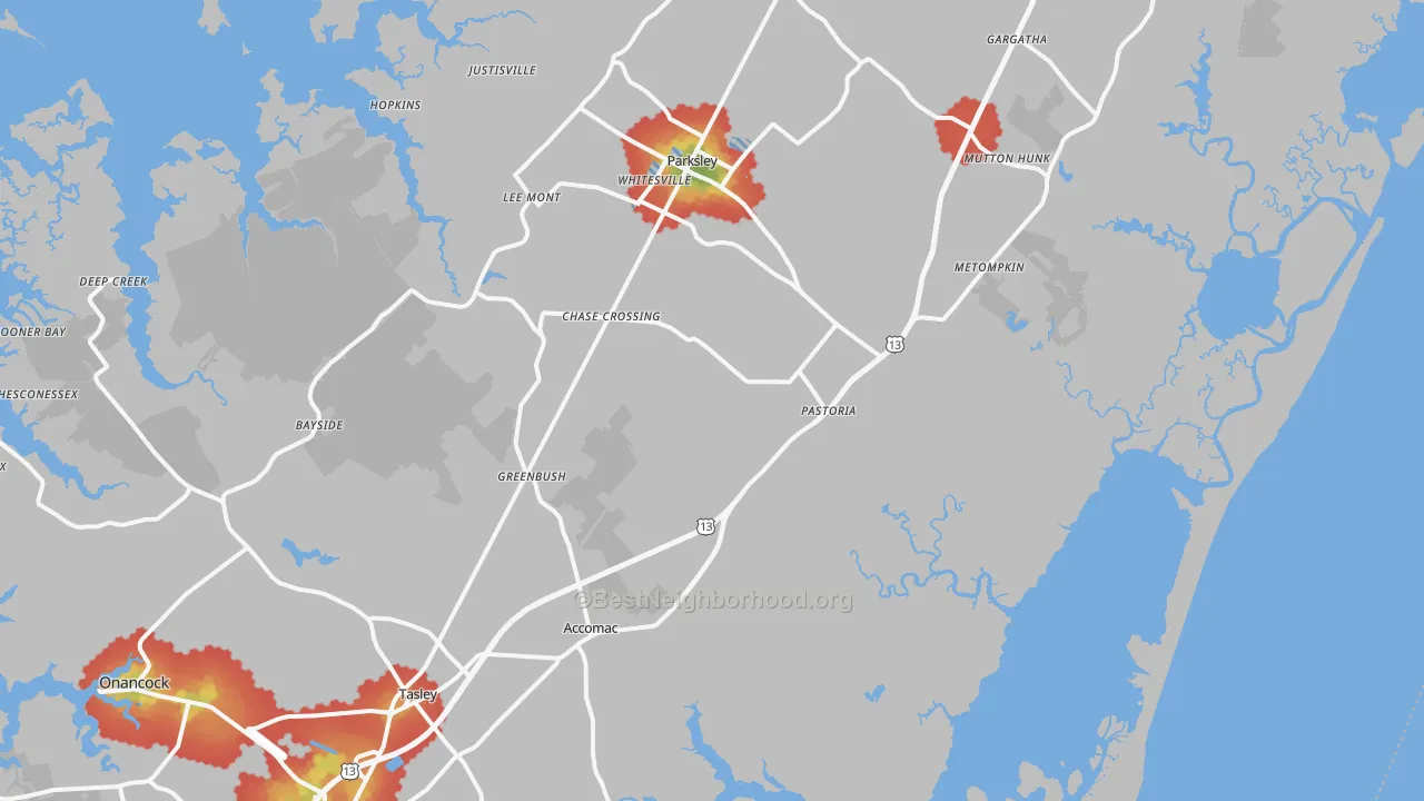 Walk Grade map of Modest Town, VA, walkable areas in green and car-dependent areas in red