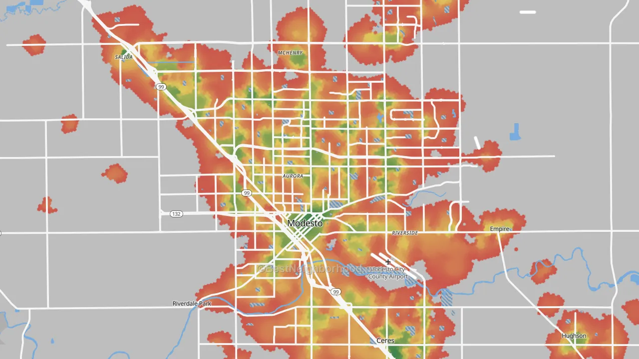 Walk Grade map of Modesto, CA, walkable areas in green and car-dependent areas in red