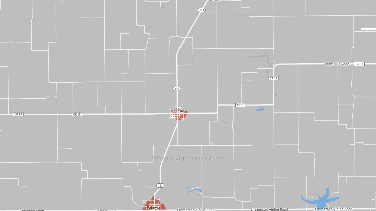 Walk Grade map of Modesto, IL, walkable areas in green and car-dependent areas in red