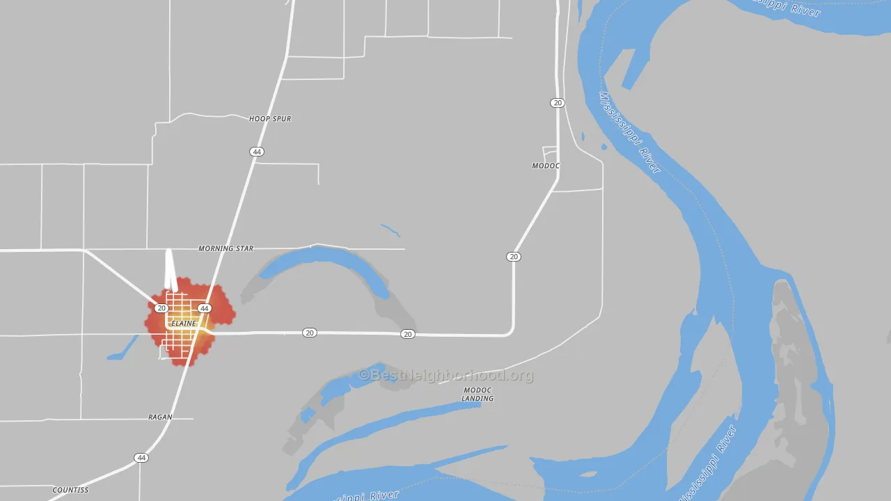 Walk Grade map of Modoc, AR, walkable areas in green and car-dependent areas in red