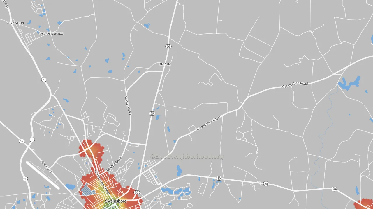 Walk Grade map of Modoc, GA, walkable areas in green and car-dependent areas in red