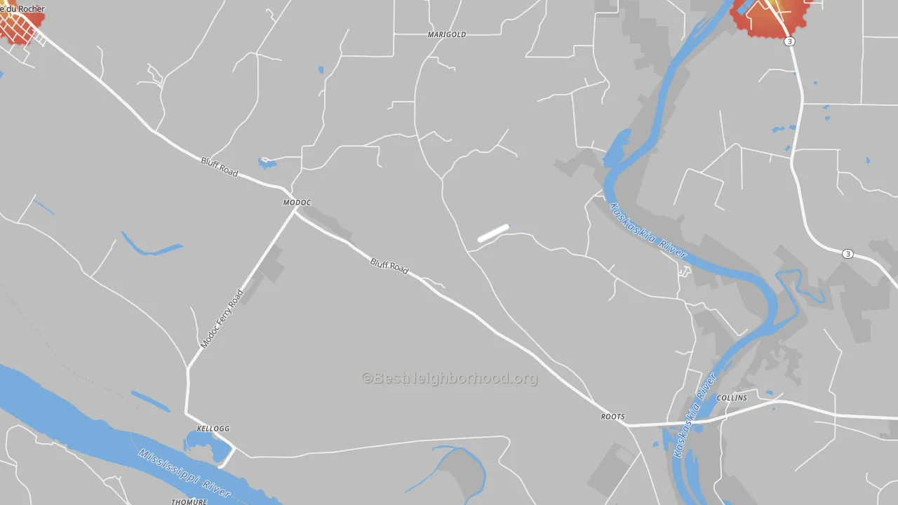 Walk Grade map of Modoc, IL, walkable areas in green and car-dependent areas in red