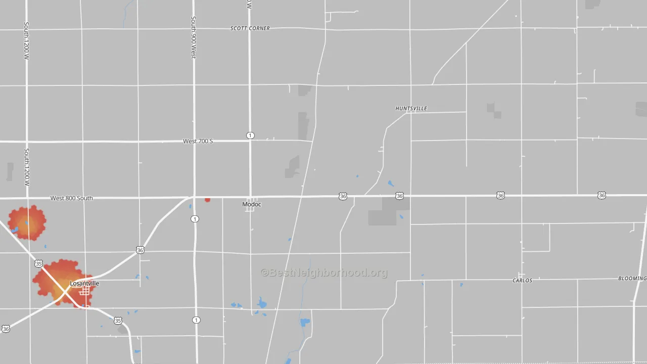 Walk Grade map of Modoc, IN, walkable areas in green and car-dependent areas in red