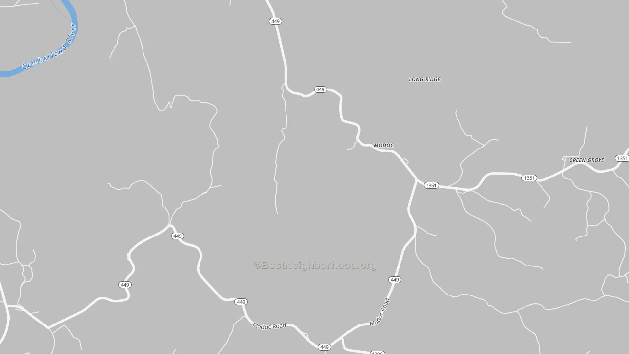 Walk Grade map of Modoc, KY, walkable areas in green and car-dependent areas in red