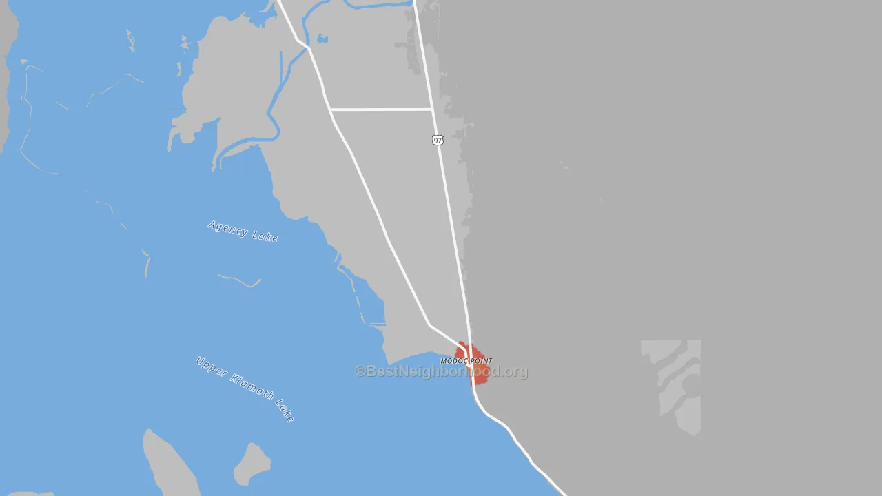 Walk Grade map of Modoc Point, OR, walkable areas in green and car-dependent areas in red