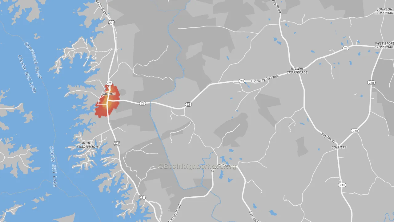 Walk Grade map of Modoc, SC, walkable areas in green and car-dependent areas in red