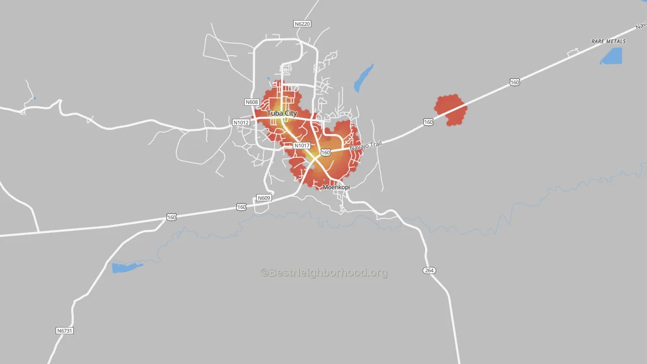 Walk Grade map of Moenkopi, AZ, walkable areas in green and car-dependent areas in red