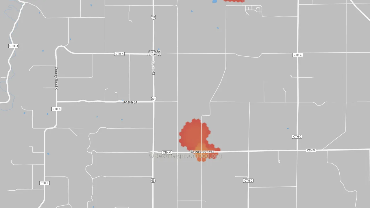 Walk Grade map of Moeville, WI, walkable areas in green and car-dependent areas in red
