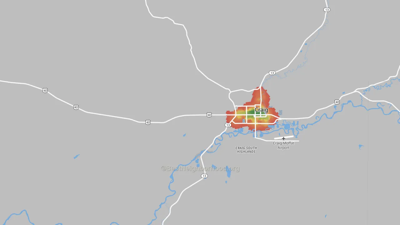 Walk Grade map of Moffat County, CO, walkable areas in green and car-dependent areas in red