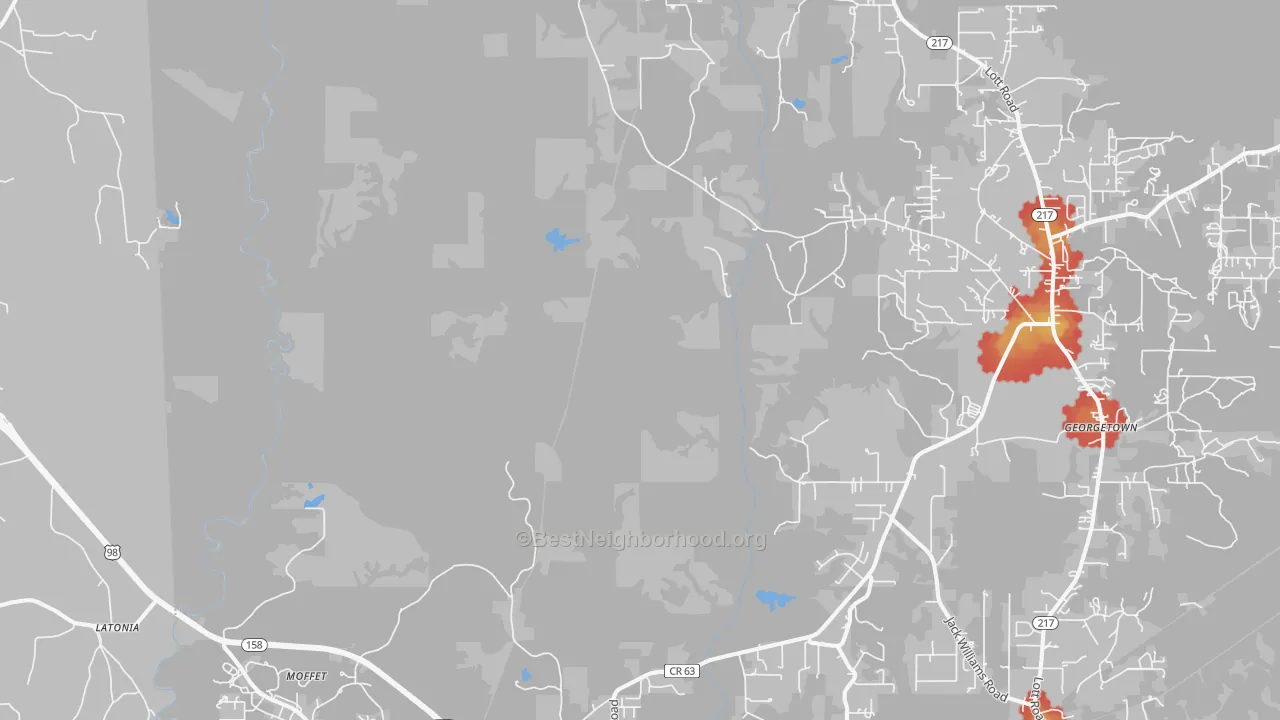 Walk Grade map of Moffet, AL, walkable areas in green and car-dependent areas in red