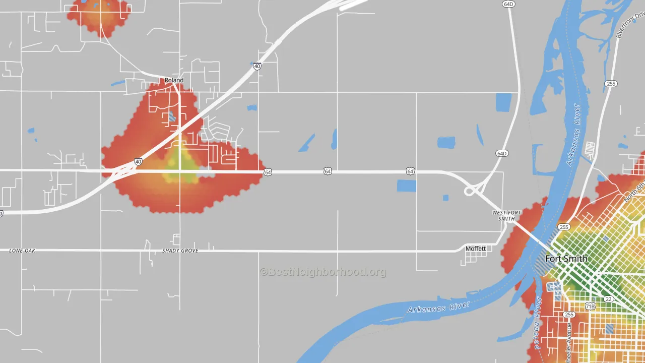 Walk Grade map of Moffett, OK, walkable areas in green and car-dependent areas in red