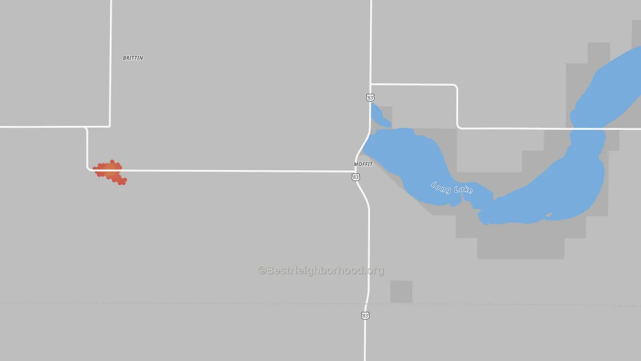 Walk Grade map of Moffit, ND, walkable areas in green and car-dependent areas in red