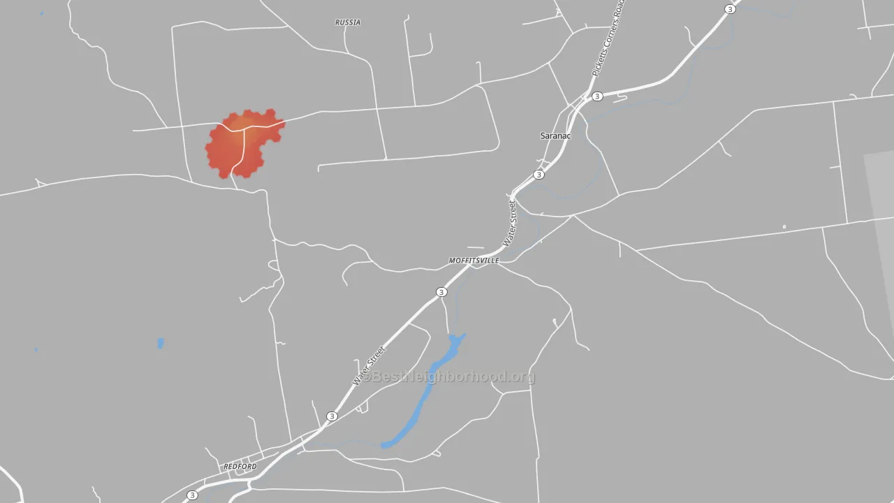 Walk Grade map of Moffitsville, NY, walkable areas in green and car-dependent areas in red