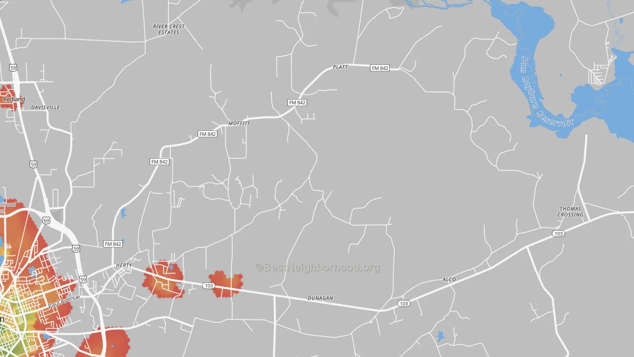 Walk Grade map of Moffitt, TX, walkable areas in green and car-dependent areas in red