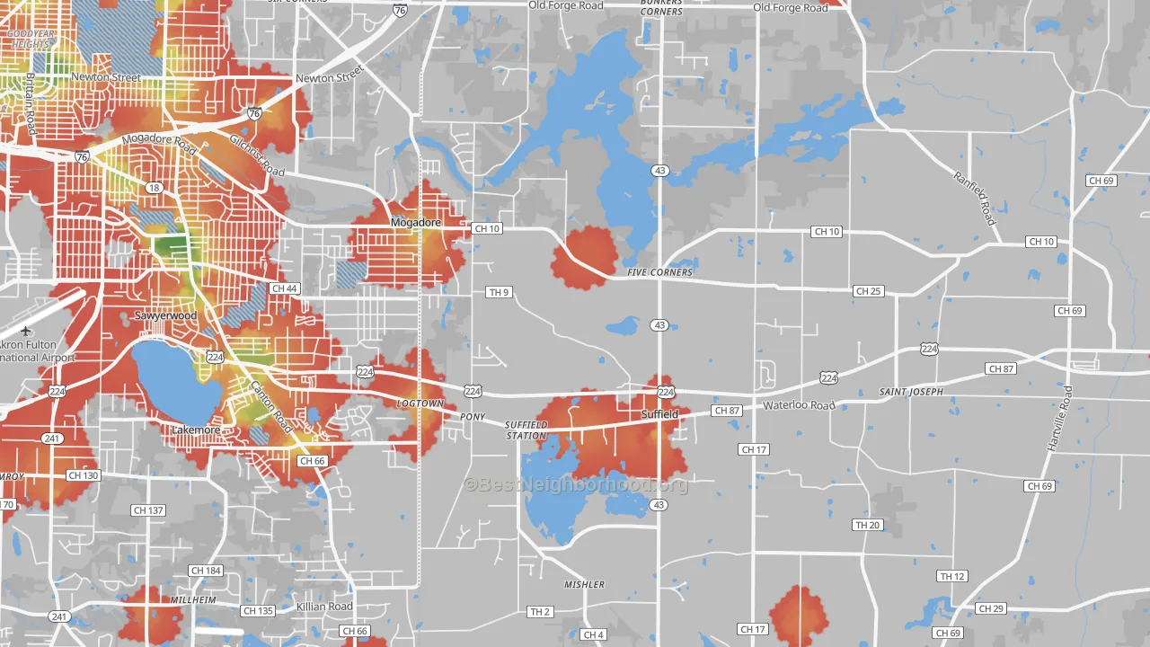Walk Grade map of Mogadore, OH, walkable areas in green and car-dependent areas in red