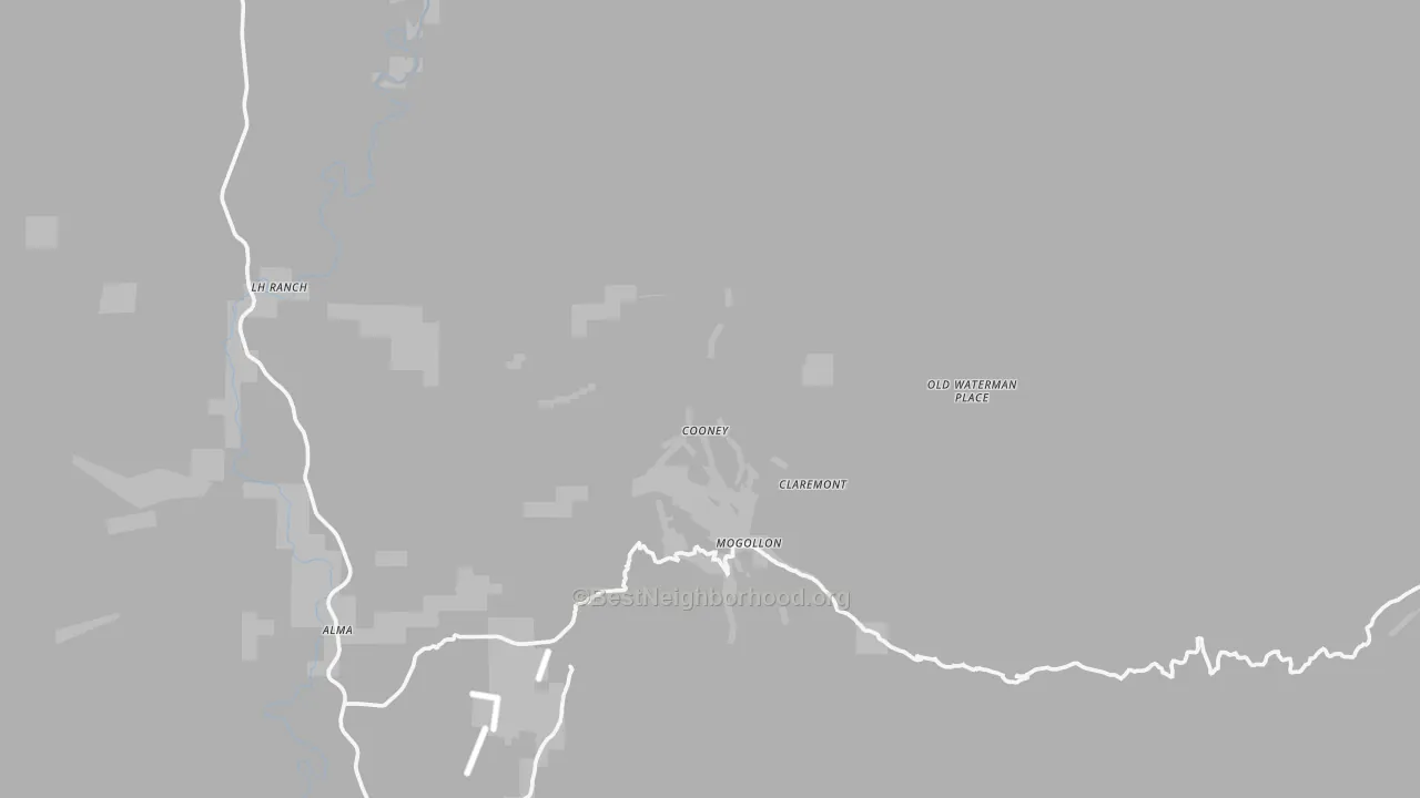 Walk Grade map of Mogollon, NM, walkable areas in green and car-dependent areas in red