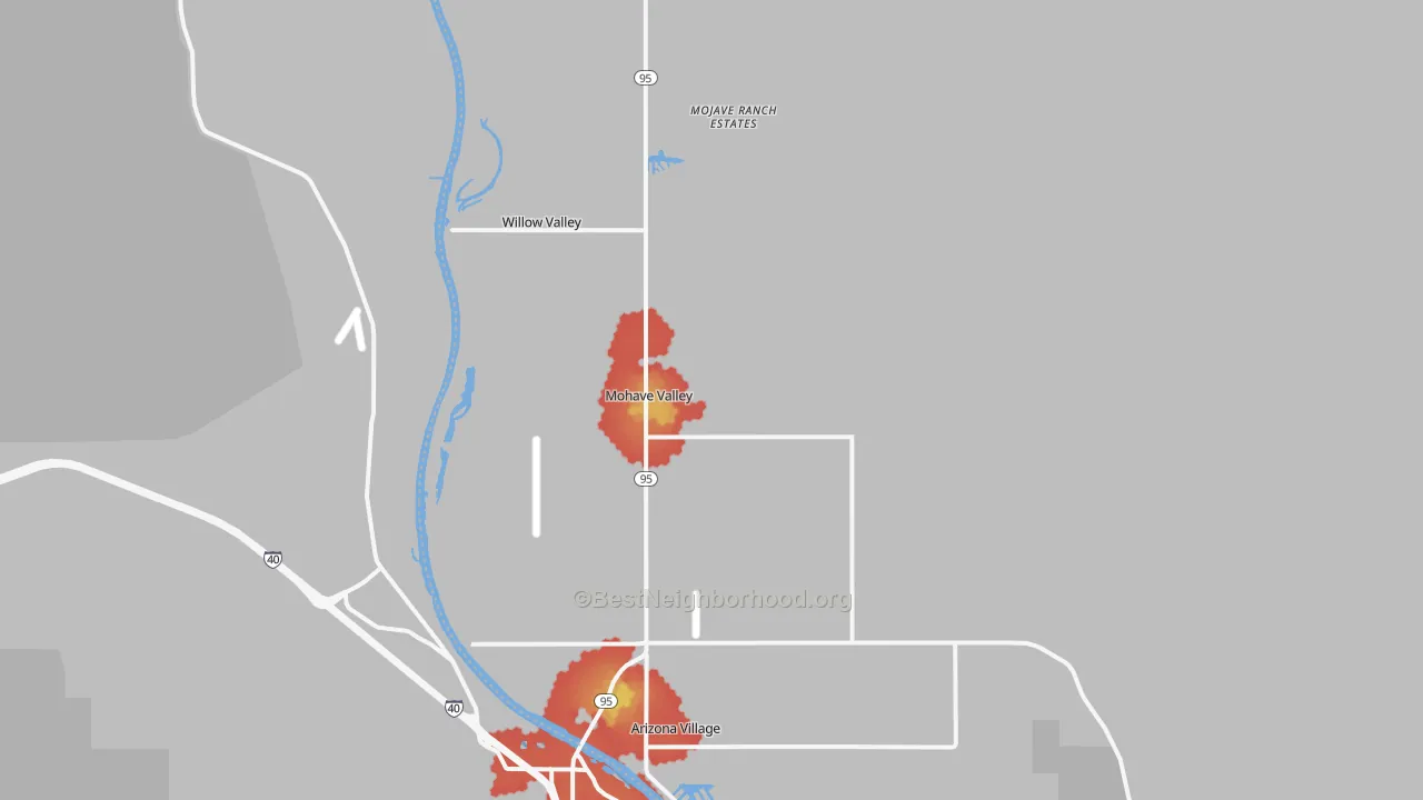 Walk Grade map of Mohave Valley, AZ, walkable areas in green and car-dependent areas in red