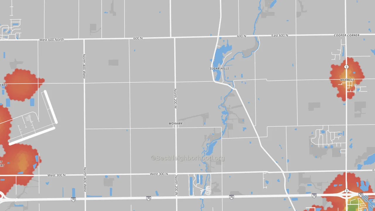 Walk Grade map of Mohawk, IN, walkable areas in green and car-dependent areas in red