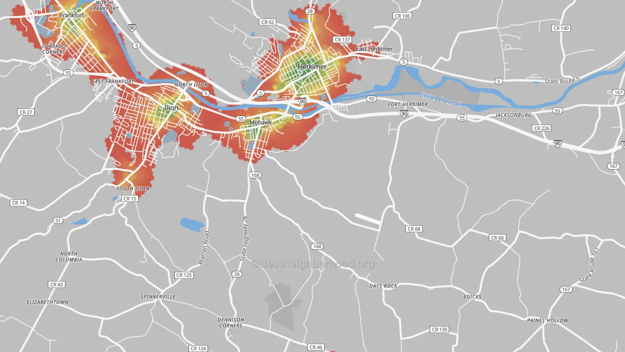 Walk Grade map of Mohawk, NY, walkable areas in green and car-dependent areas in red