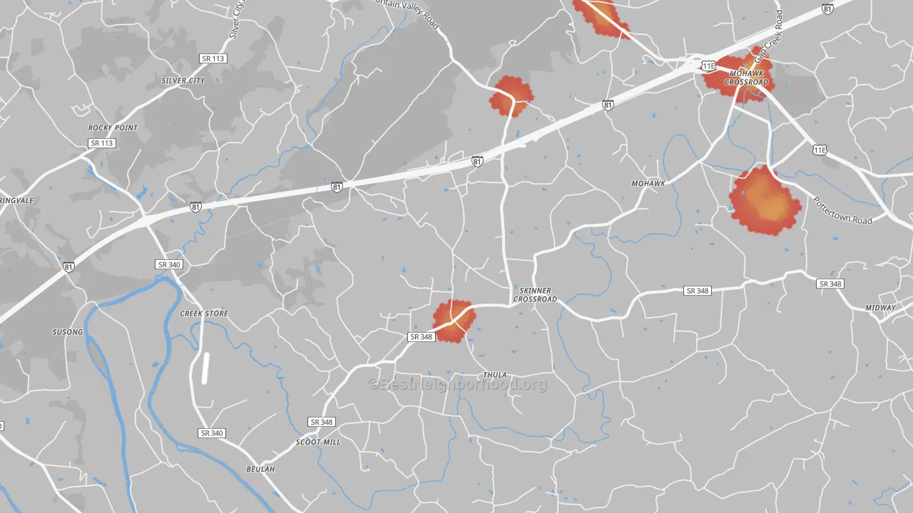 Walk Grade map of Mohawk, TN, walkable areas in green and car-dependent areas in red