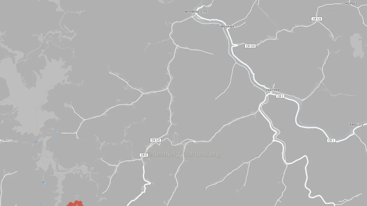 Walk Grade map of Mohawk, WV, walkable areas in green and car-dependent areas in red