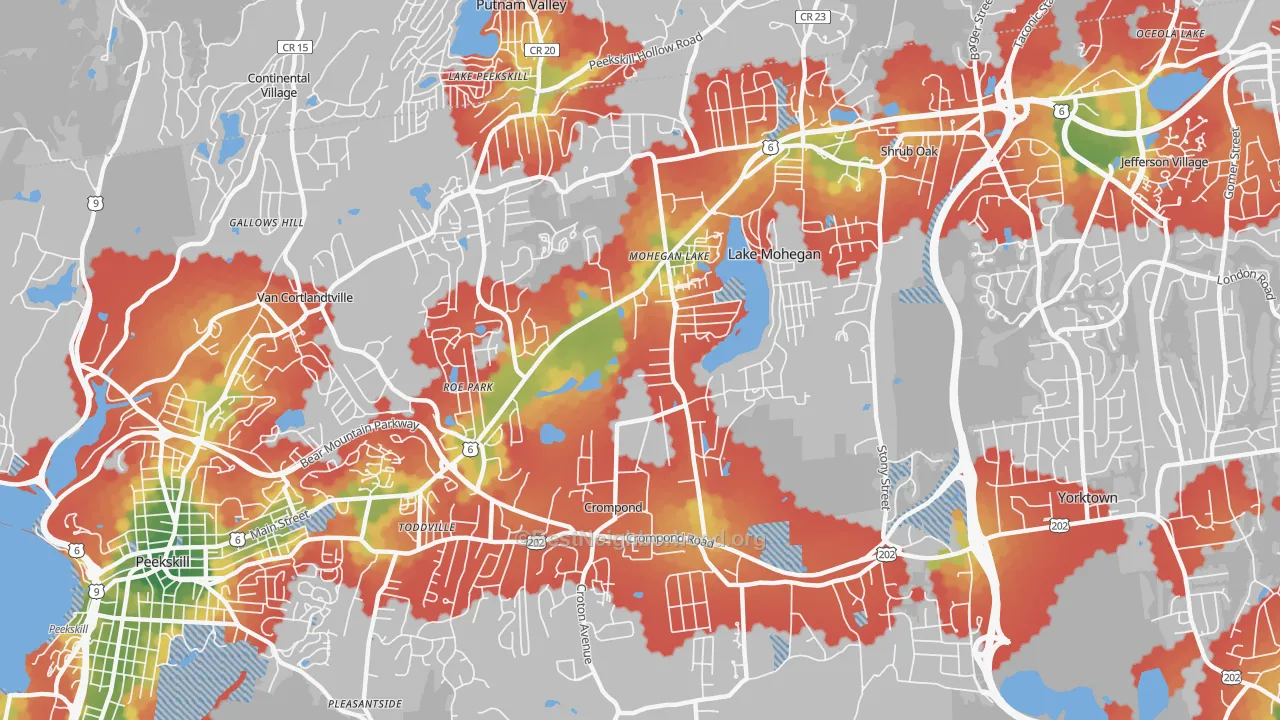 Walk Grade map of Mohegan Lake, NY, walkable areas in green and car-dependent areas in red