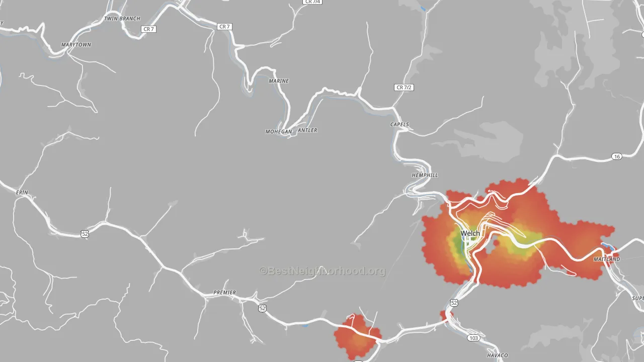 Walk Grade map of Mohegan, WV, walkable areas in green and car-dependent areas in red