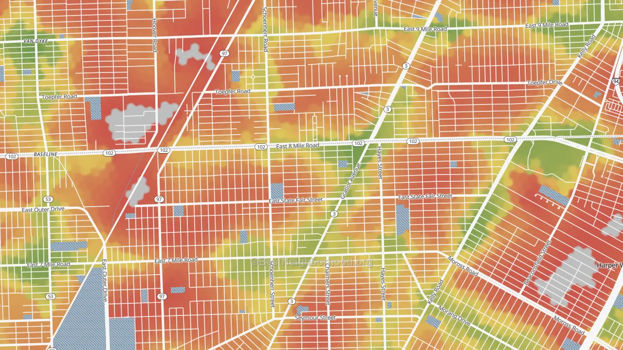 Walk Grade map of Mohican Regent, Detroit, MI, walkable areas in green and car-dependent areas in red