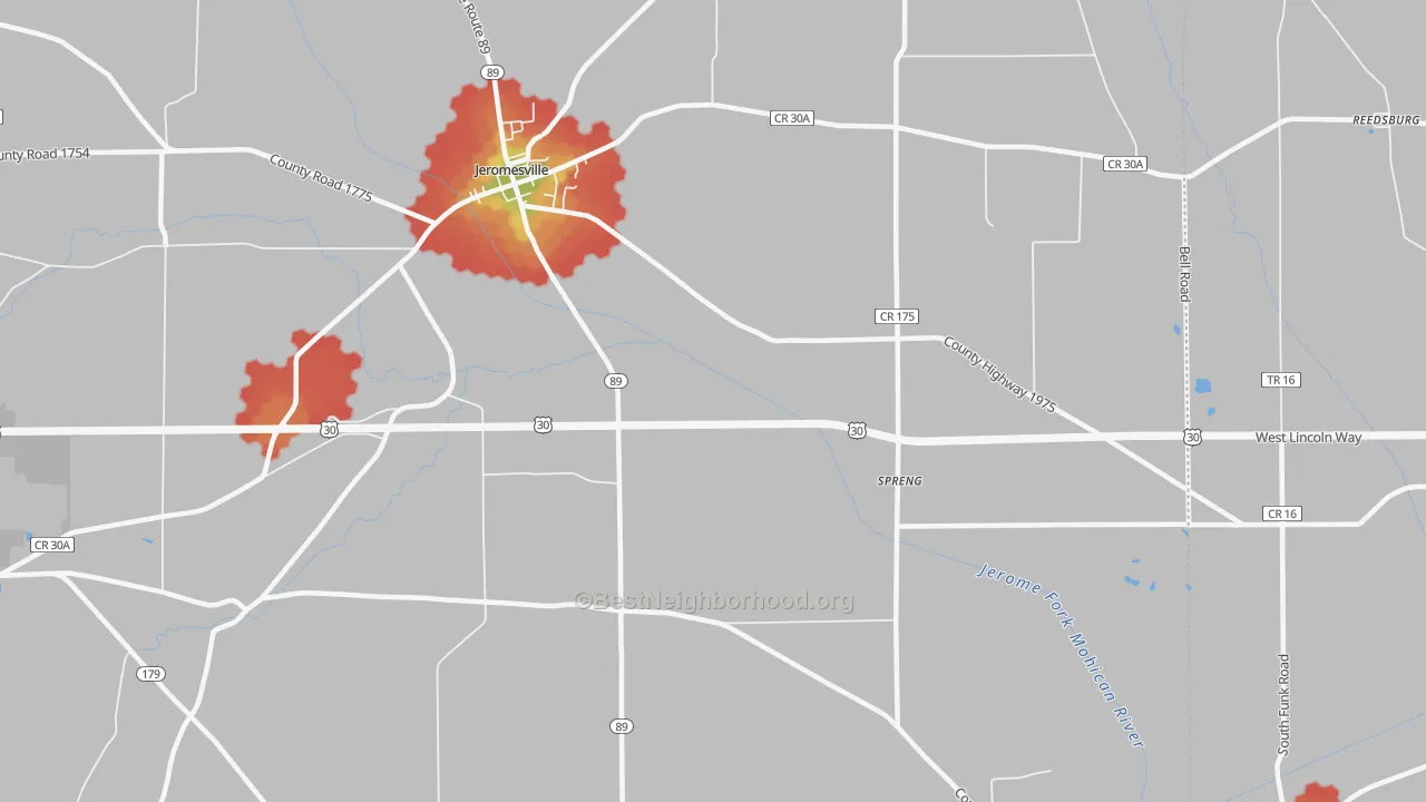Walk Grade map of Mohicanville, OH, walkable areas in green and car-dependent areas in red
