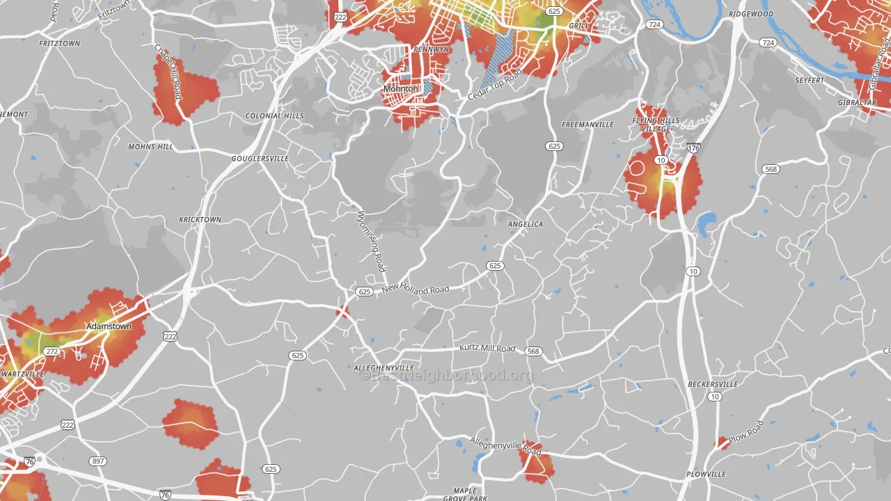 Walk Grade map of Mohnton, PA, walkable areas in green and car-dependent areas in red