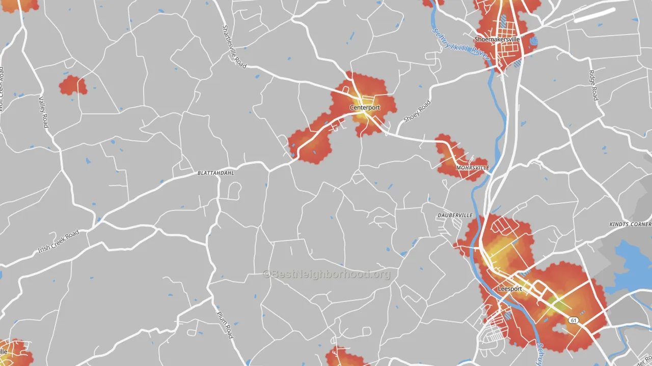 Walk Grade map of Mohrsville, PA, walkable areas in green and car-dependent areas in red