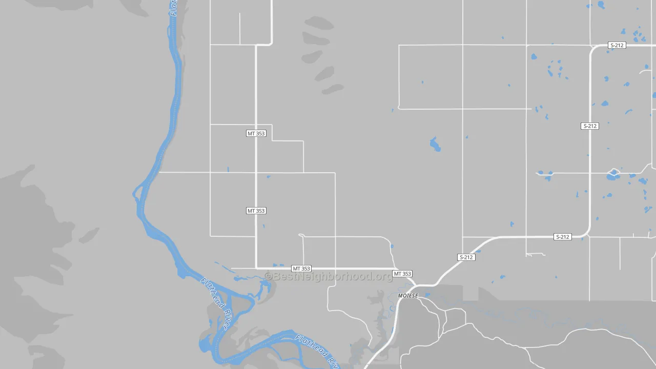 Walk Grade map of Moiese, MT, walkable areas in green and car-dependent areas in red