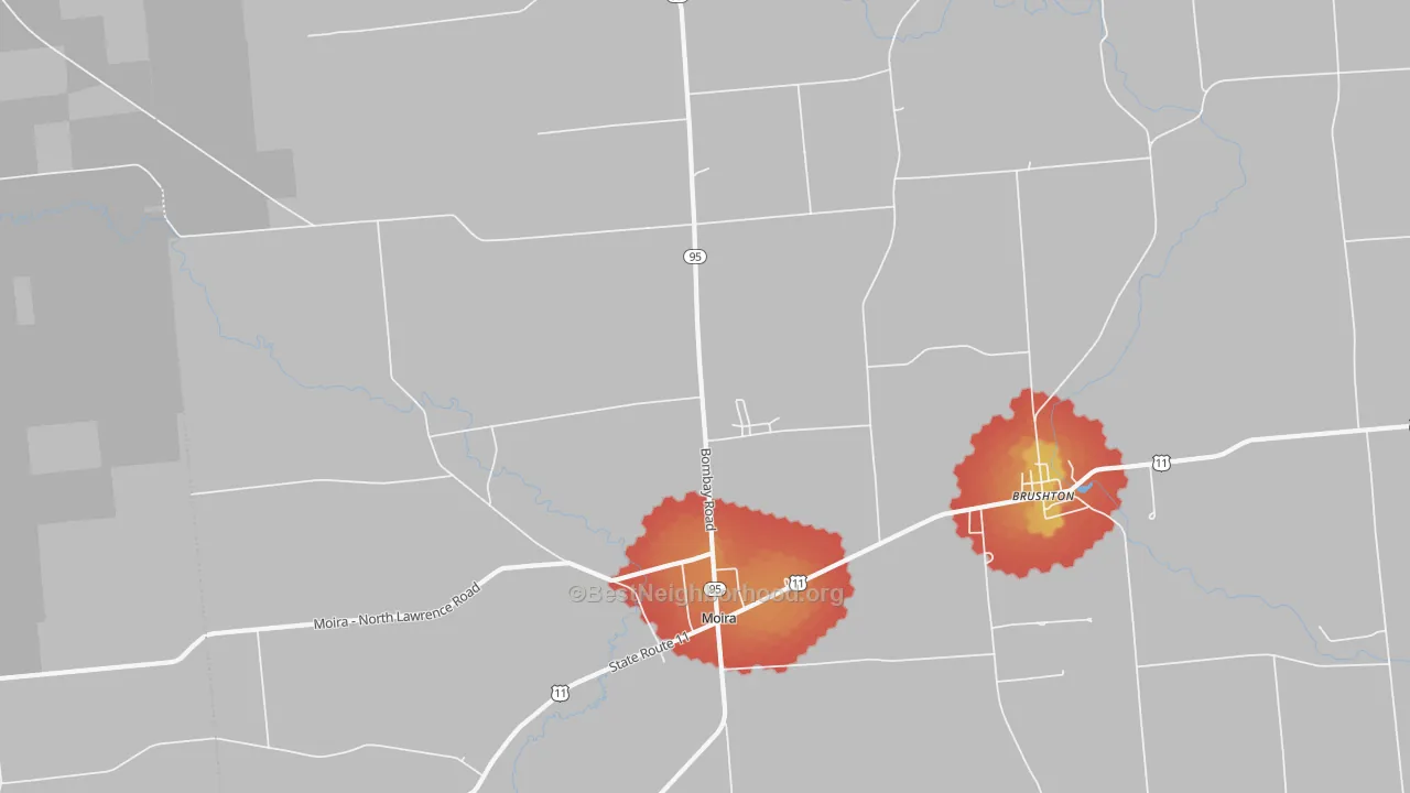 Walk Grade map of Moira, NY, walkable areas in green and car-dependent areas in red