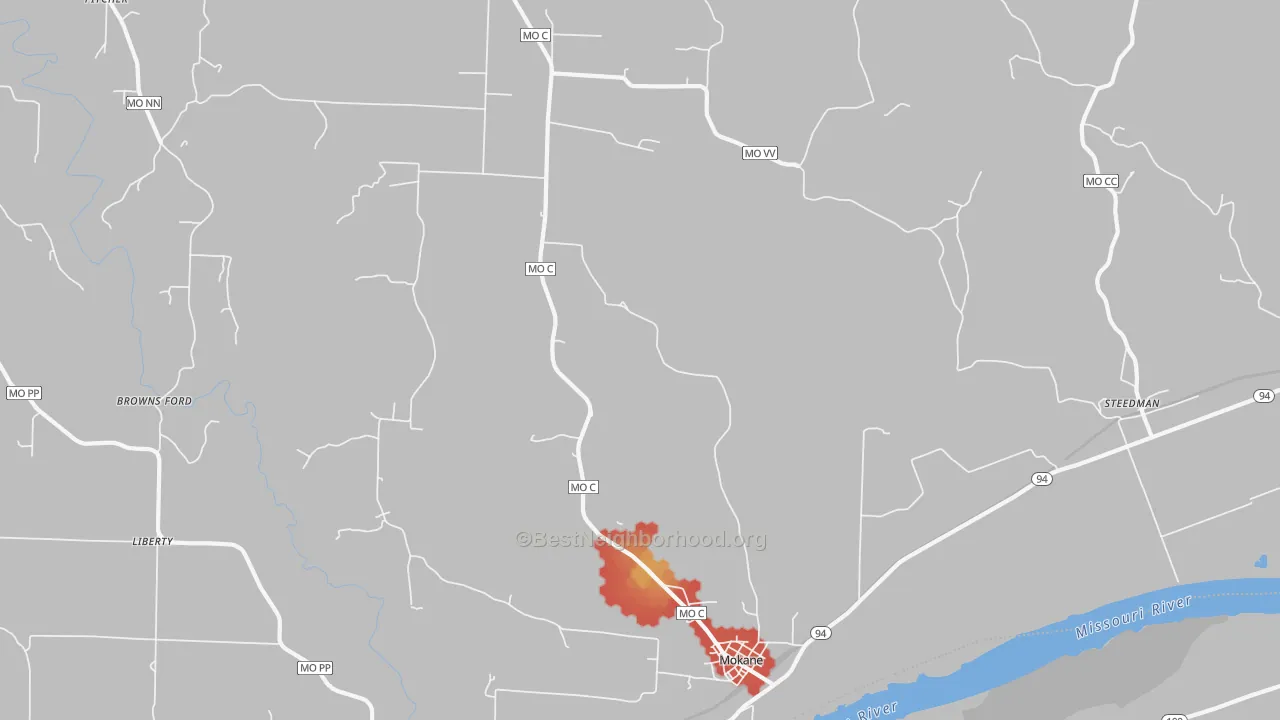 Walk Grade map of Mokane, MO, walkable areas in green and car-dependent areas in red