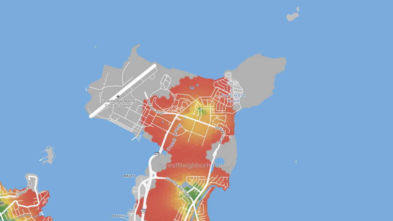 Walk Grade map of Mokapu, Kaneohe Station, HI, walkable areas in green and car-dependent areas in red