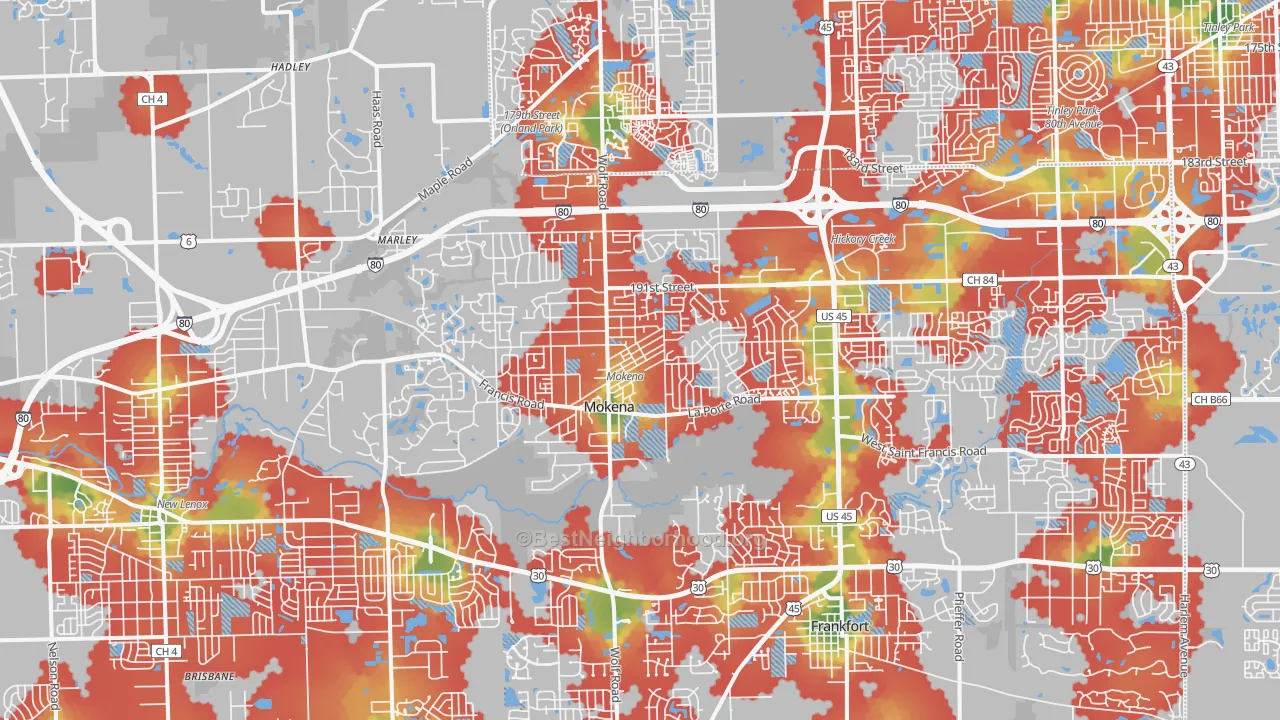 Walk Grade map of Mokena, IL, walkable areas in green and car-dependent areas in red