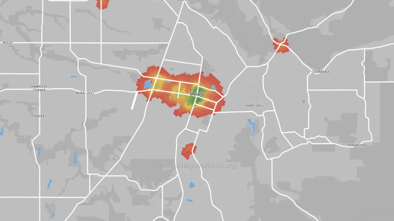 Walk Grade map of Molalla, OR, walkable areas in green and car-dependent areas in red